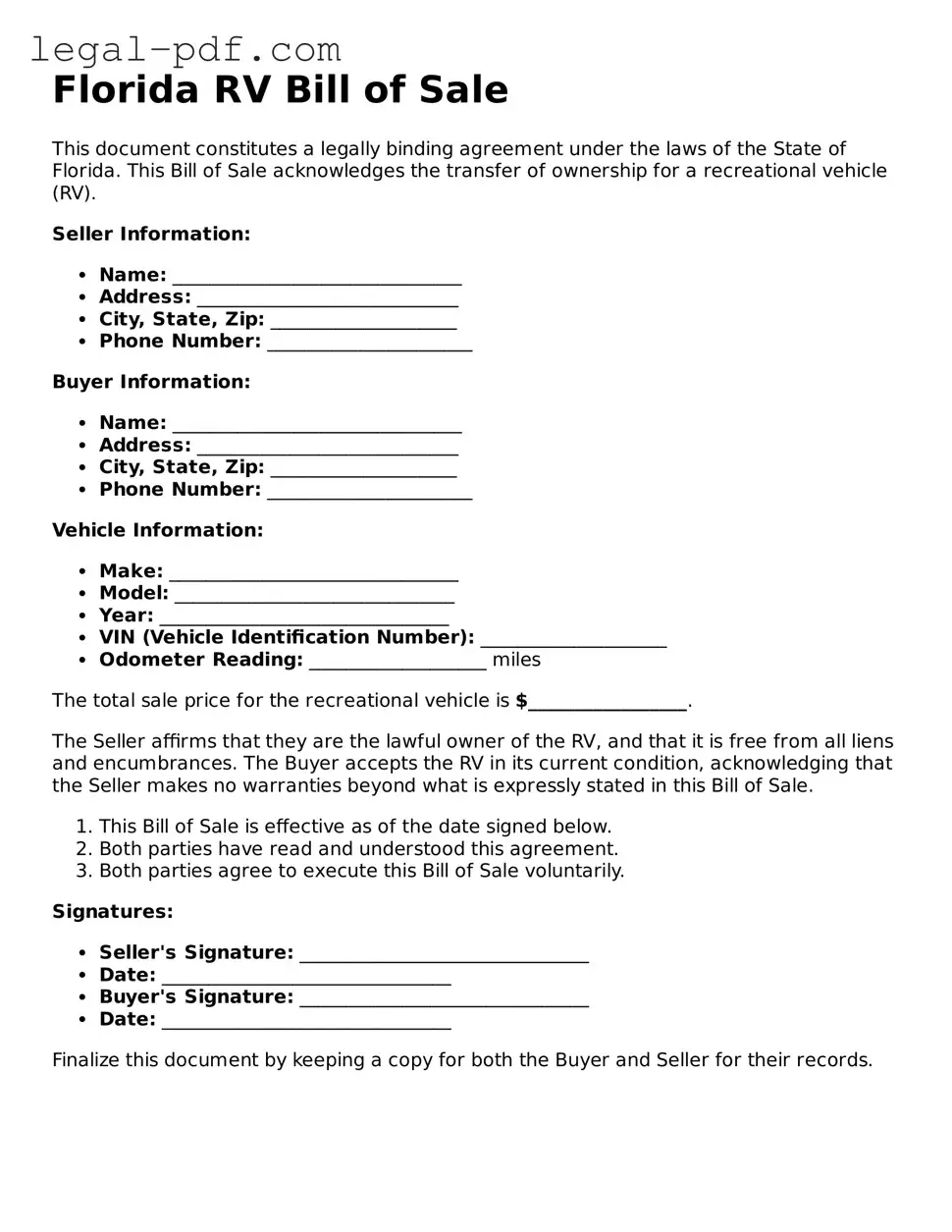 Legal  RV Bill of Sale Document for Florida