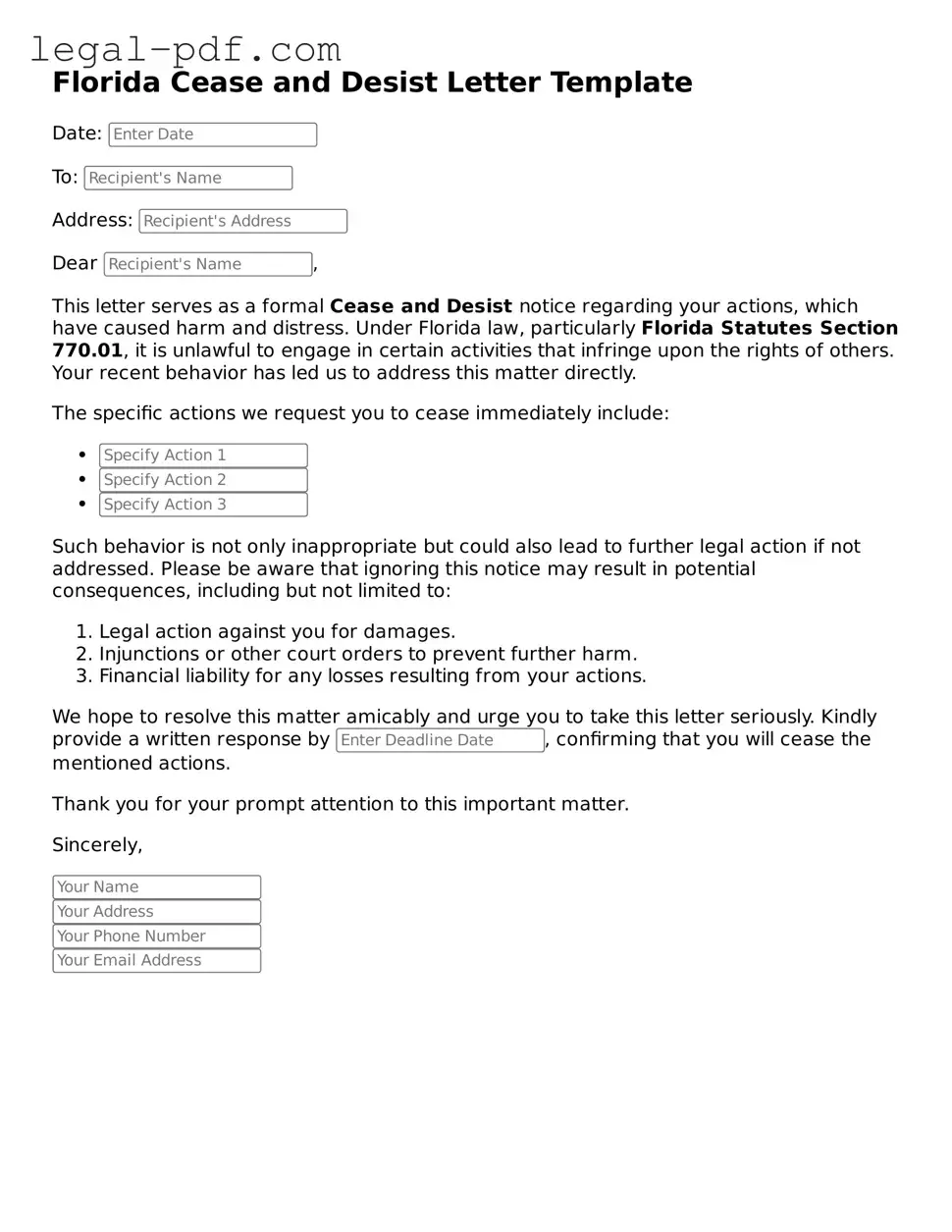 Legal  Cease and Desist Letter Document for Florida
