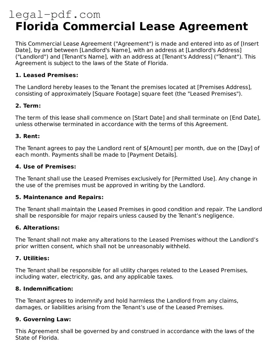 Legal  Commercial Lease Agreement Document for Florida