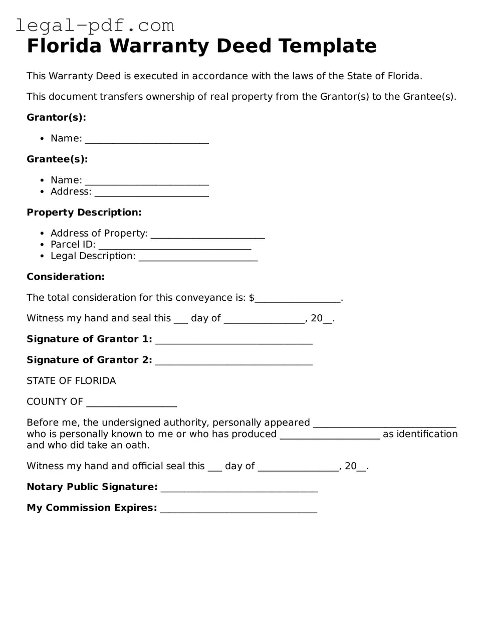 Legal  Deed Document for Florida