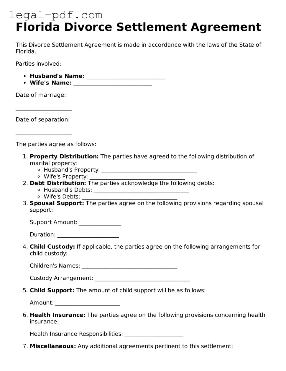 Legal  Divorce Settlement Agreement Document for Florida