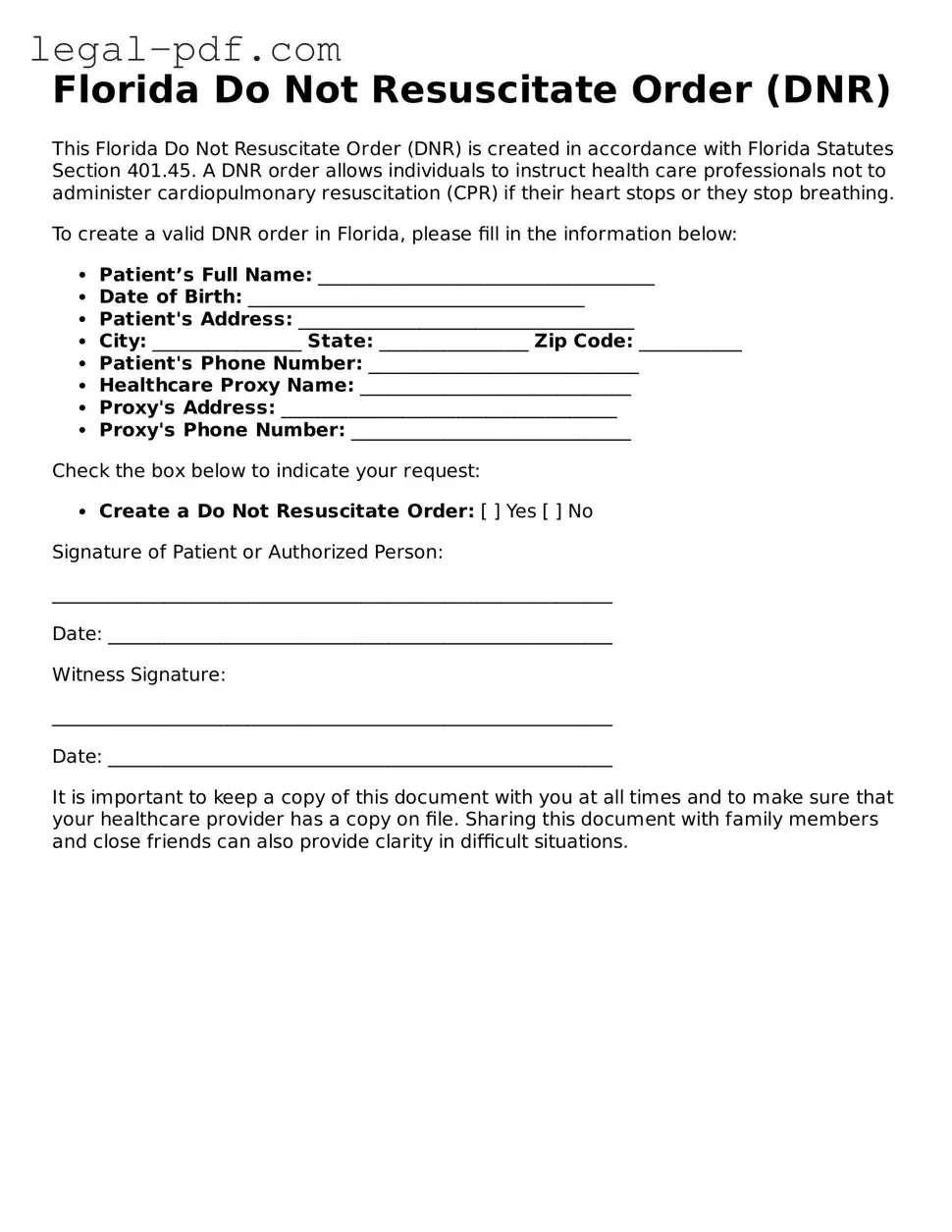 Legal  Do Not Resuscitate Order Document for Florida
