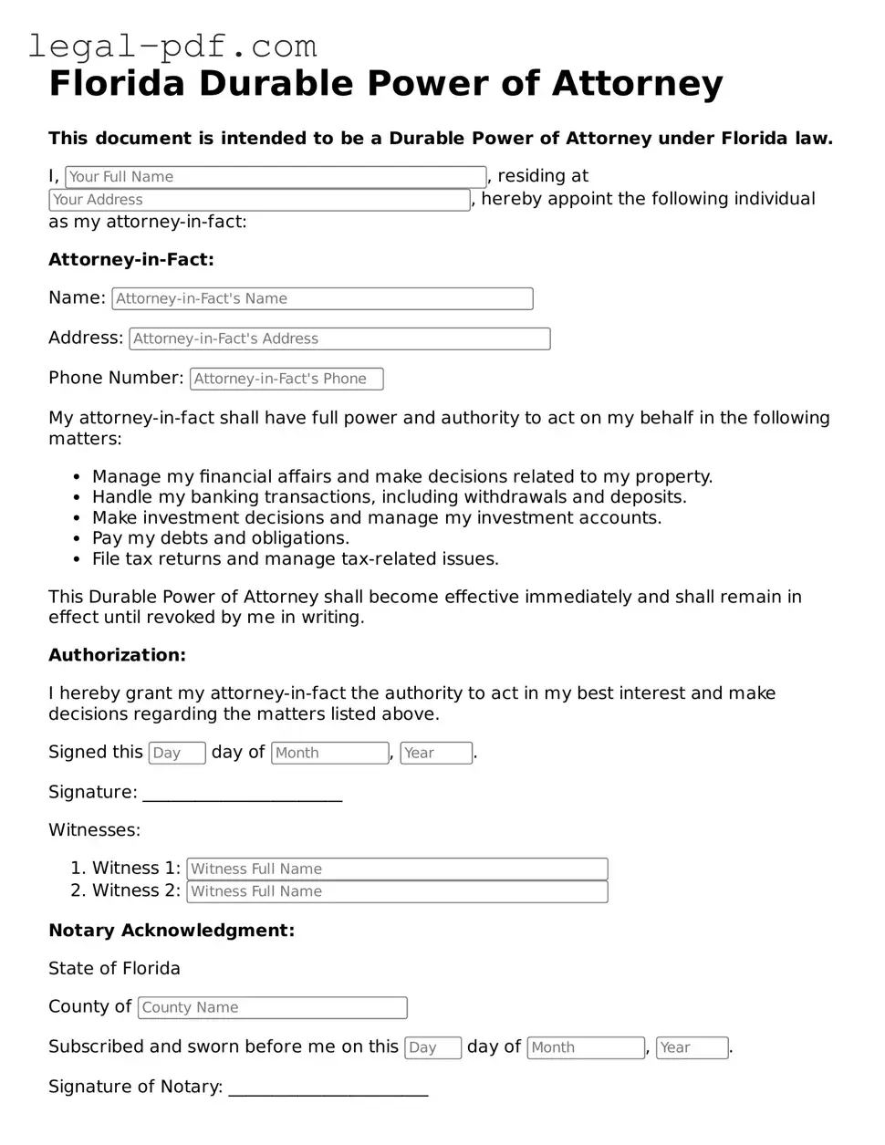 Legal  Durable Power of Attorney Document for Florida