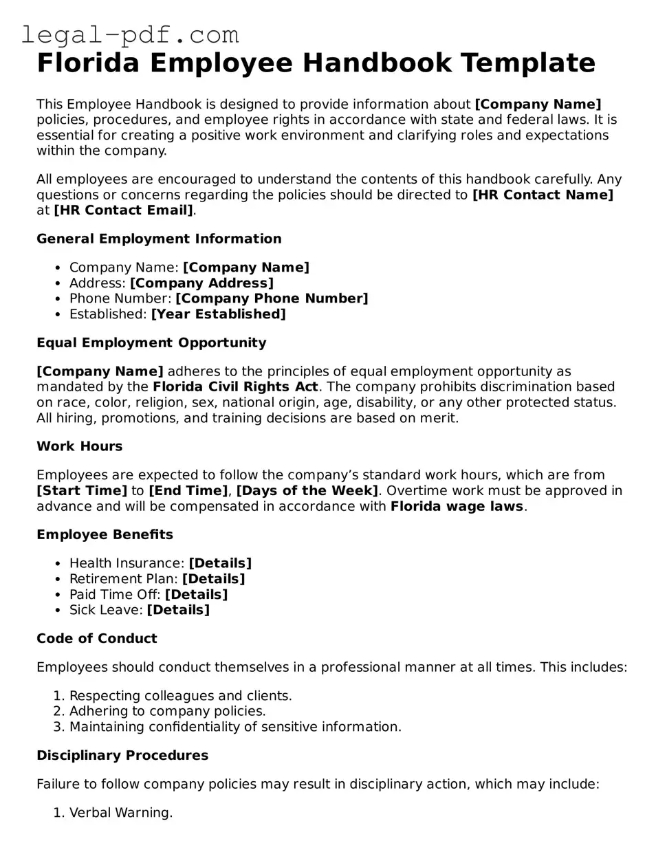 Legal  Employee Handbook Document for Florida