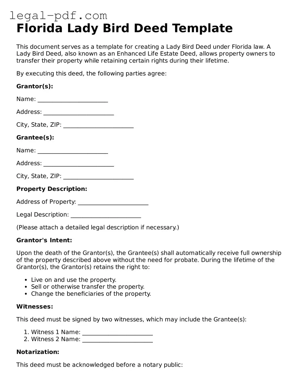 Legal  Lady Bird Deed Document for Florida