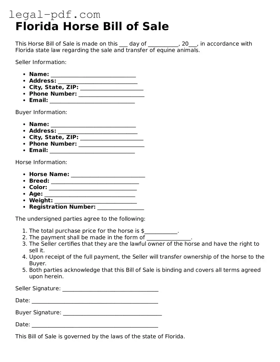 Legal  Horse Bill of Sale Document for Florida