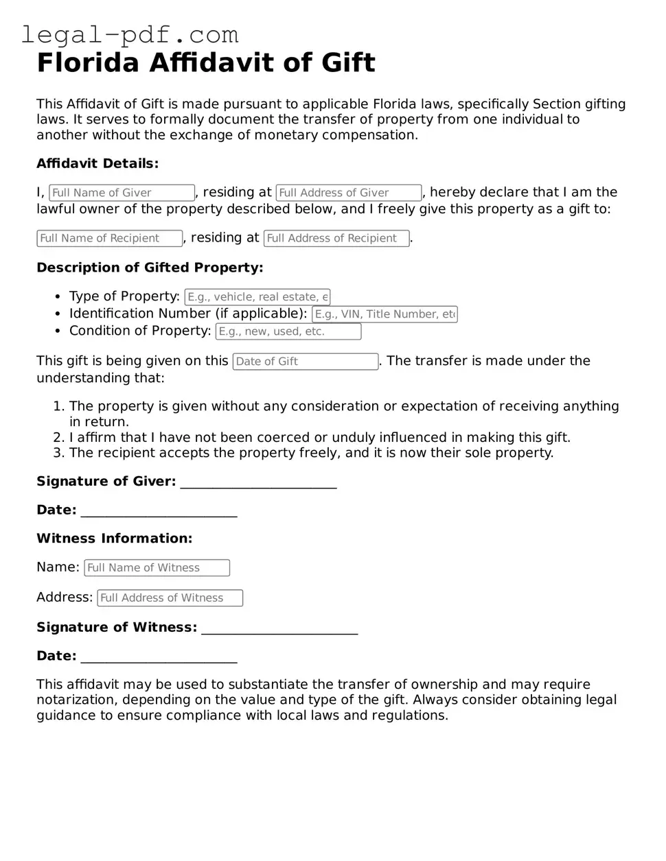 Legal  Affidavit of Gift Document for Florida