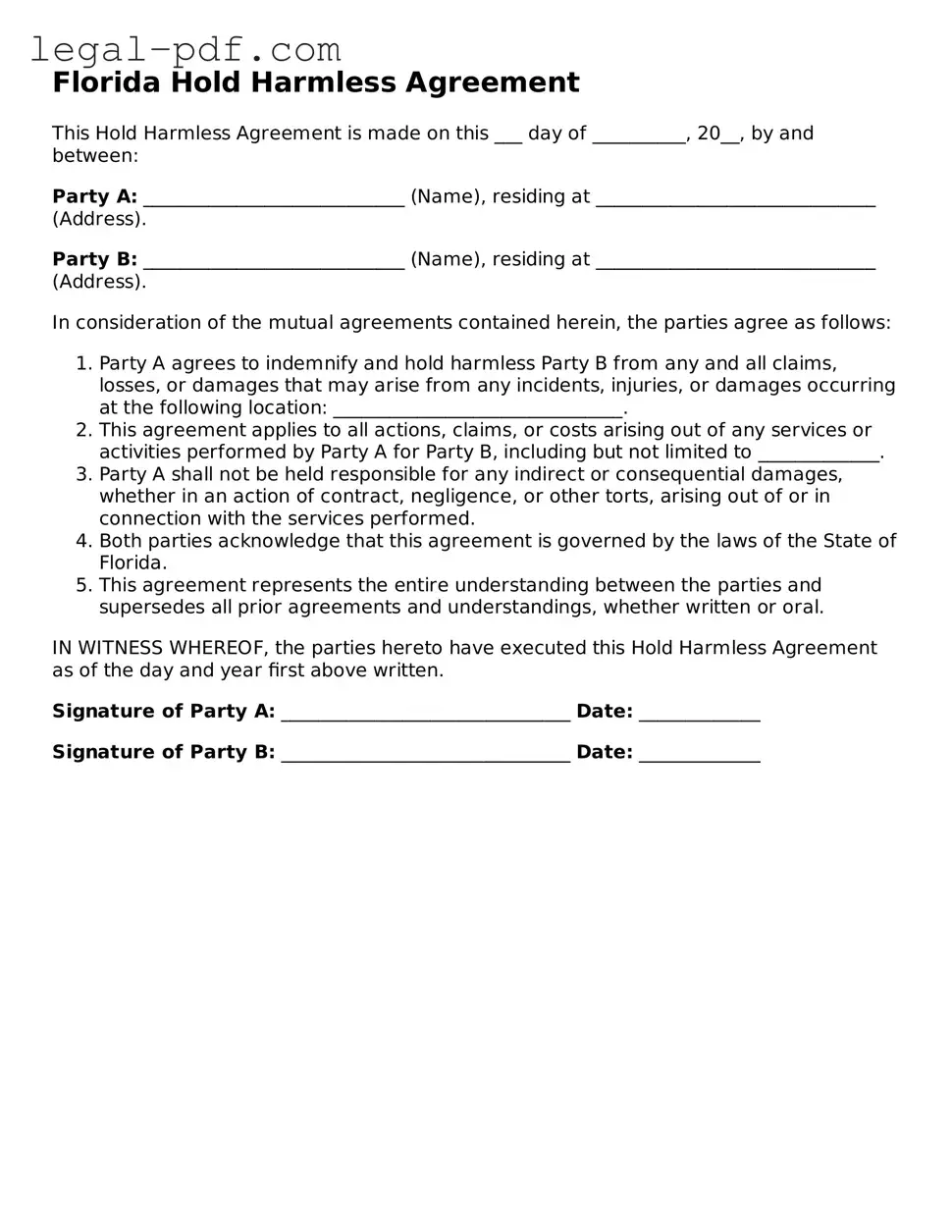 Legal  Hold Harmless Agreement Document for Florida