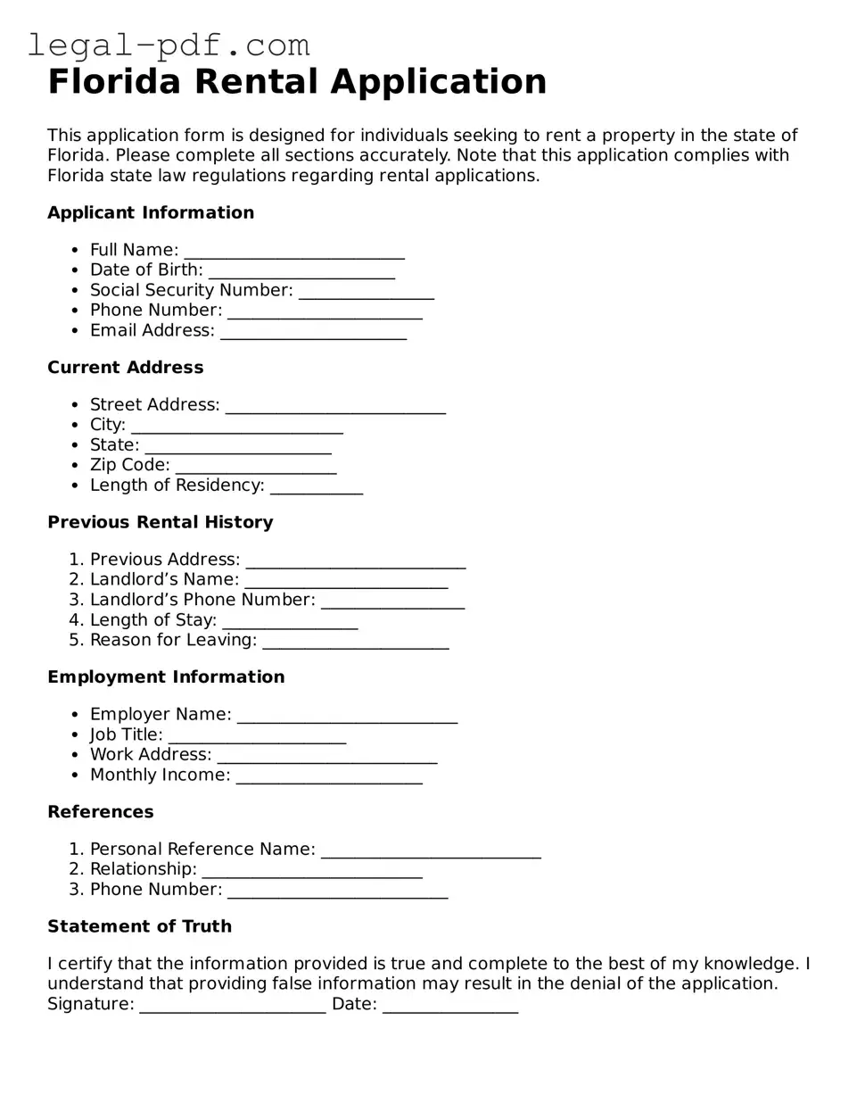 Legal  Rental Application Document for Florida
