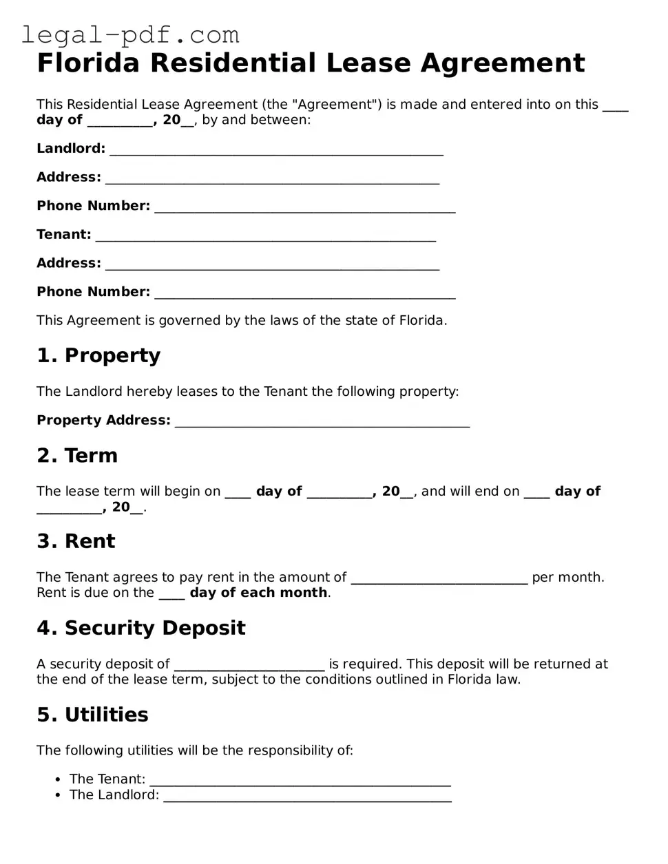 Legal  Residential Lease Agreement Document for Florida