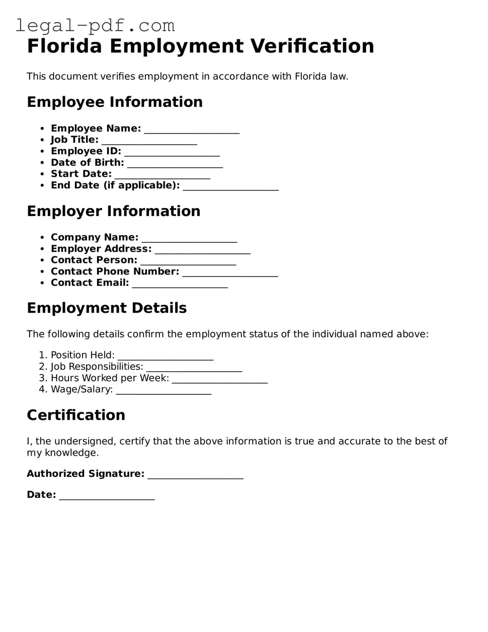 Legal  Employment Verification Document for Florida