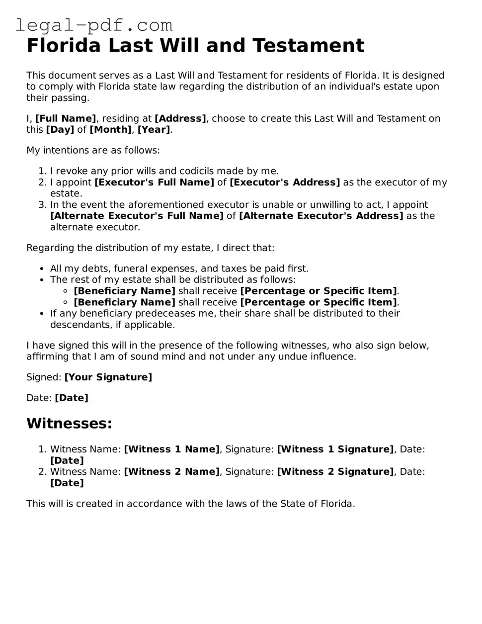 Legal  Last Will and Testament Document for Florida