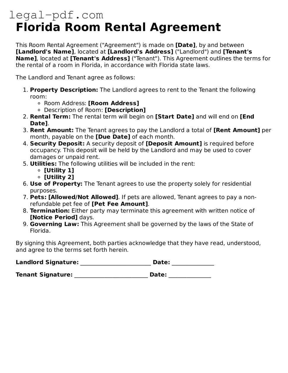Legal  Room Rental Agreement Document for Florida