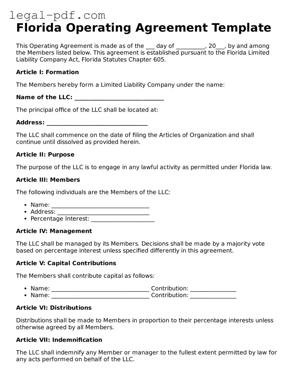 Legal  Operating Agreement Document for Florida