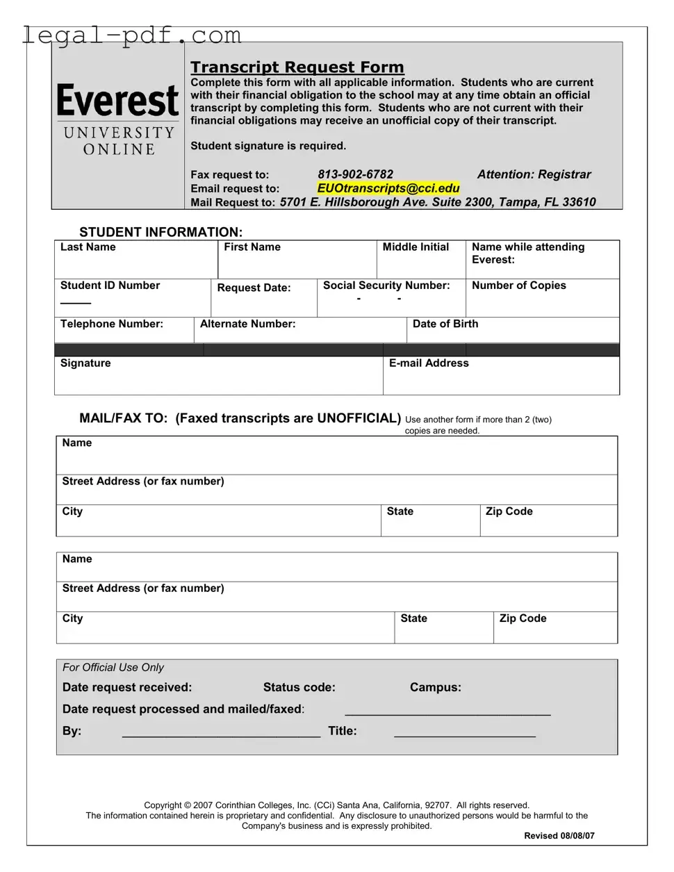 Blank Everest University Transcript Form