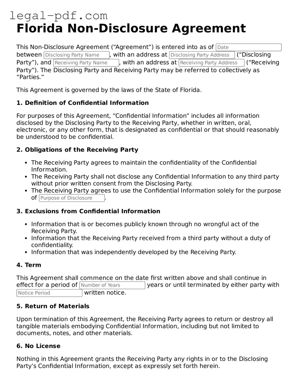 Legal  Non-disclosure Agreement Document for Florida