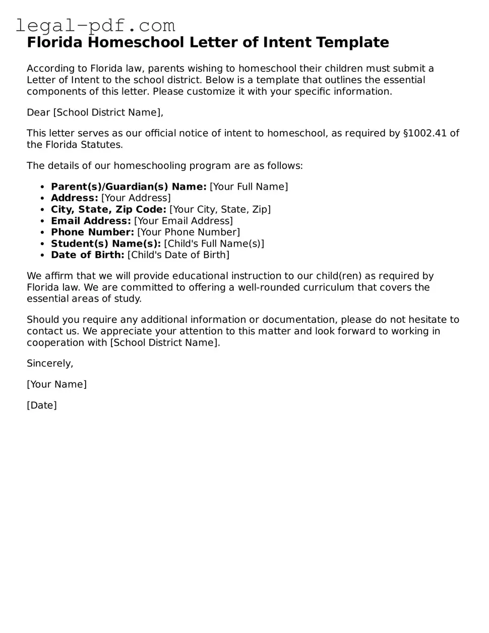 Legal  Homeschool Letter of Intent Document for Florida