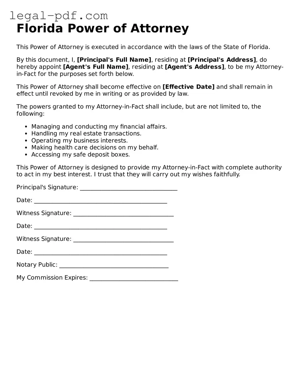 Legal  Power of Attorney Document for Florida
