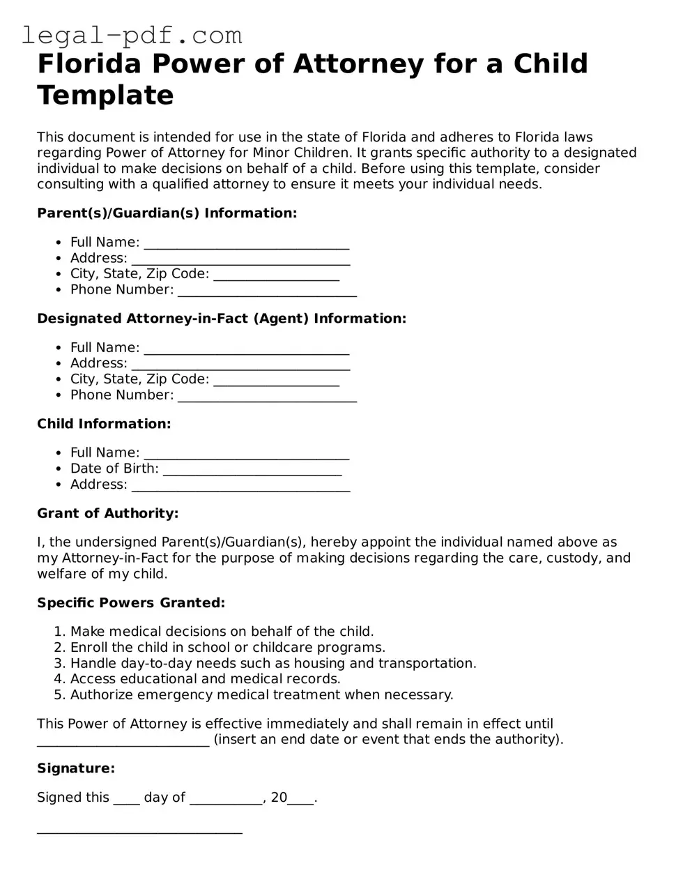 Legal  Power of Attorney for a Child Document for Florida