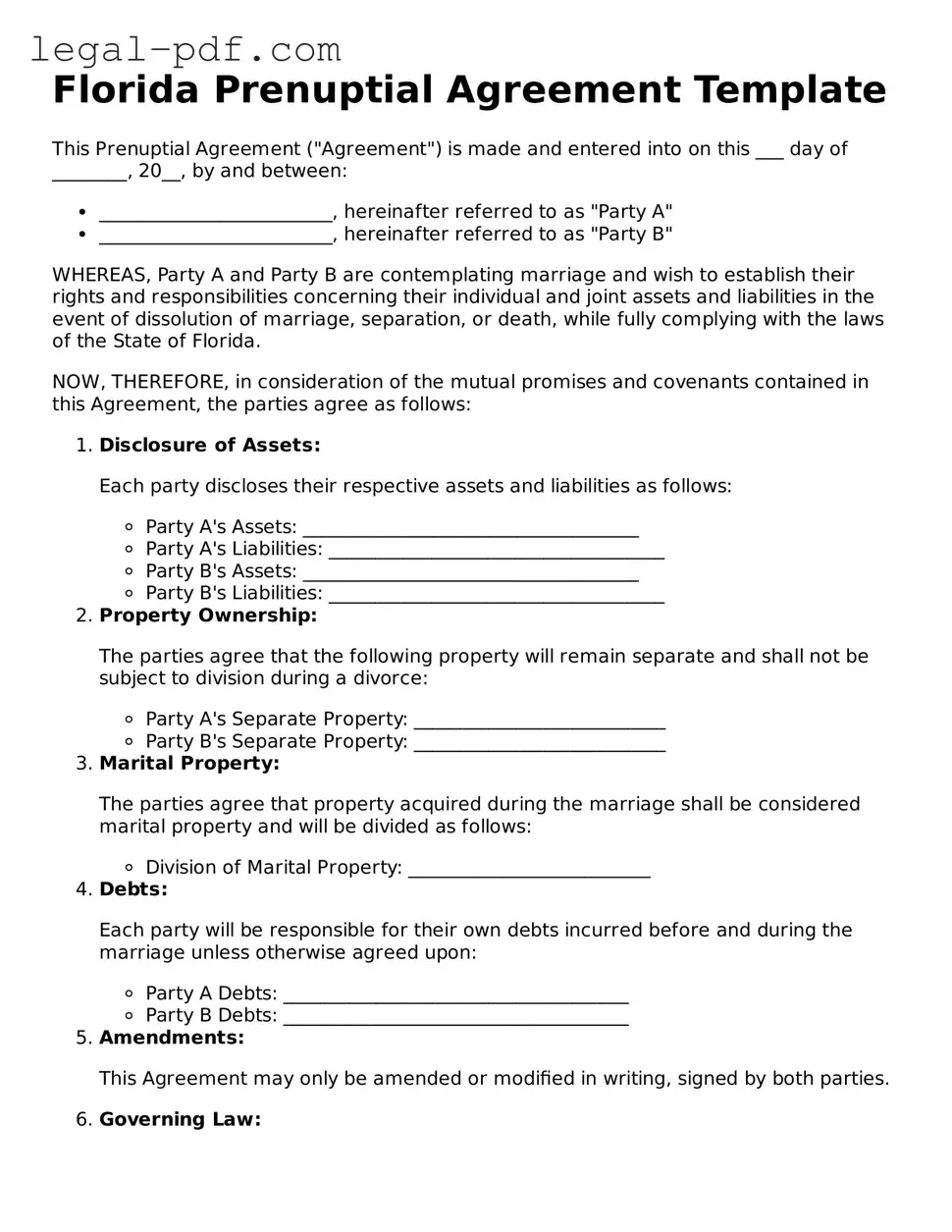 Legal  Prenuptial Agreement Document for Florida
