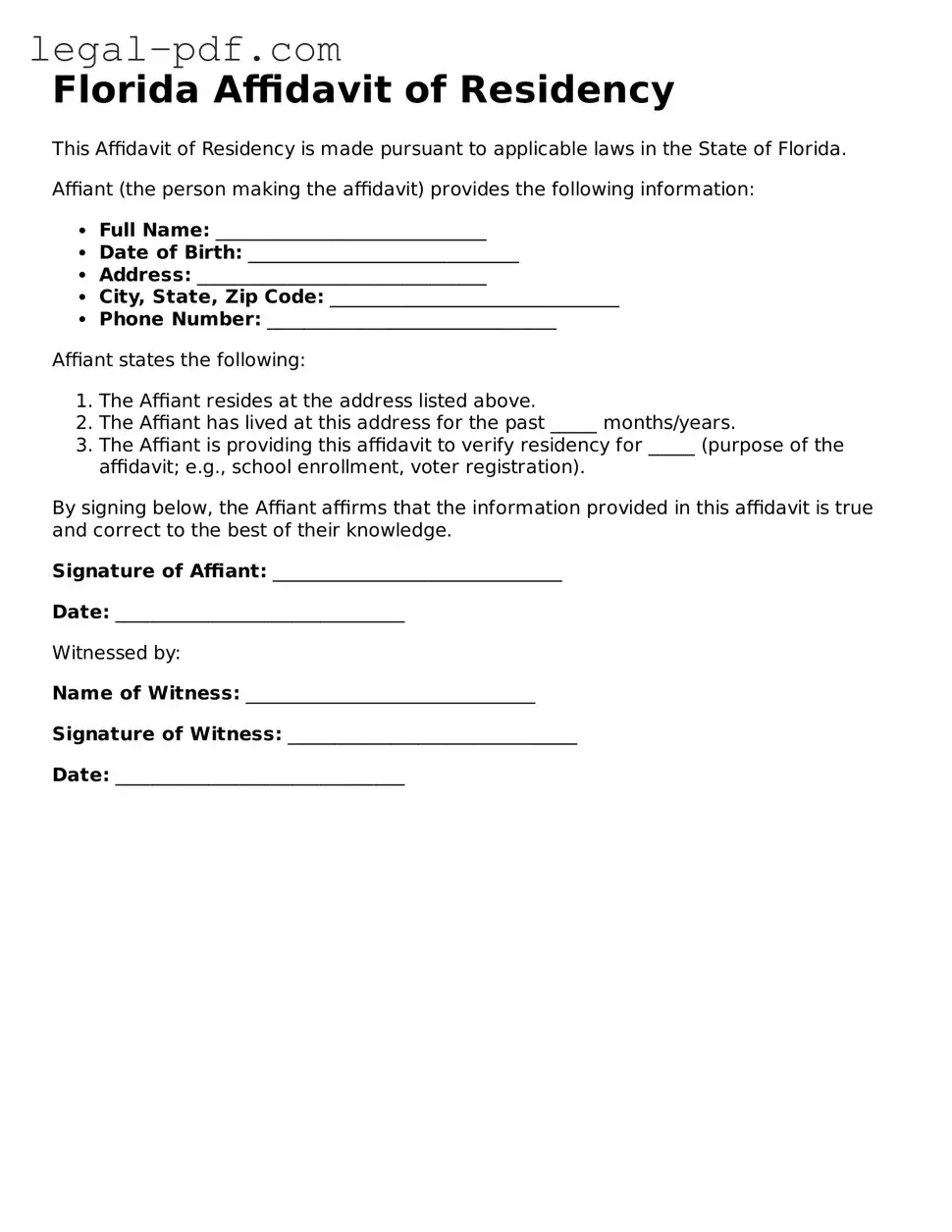 Legal  Affidavit of Residency Document for Florida