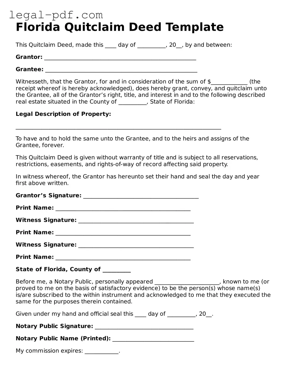 Legal  Quitclaim Deed Document for Florida