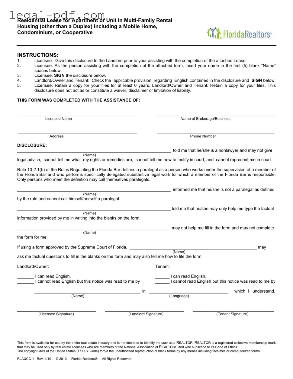 Blank Florida Realtors Residential Lease Form