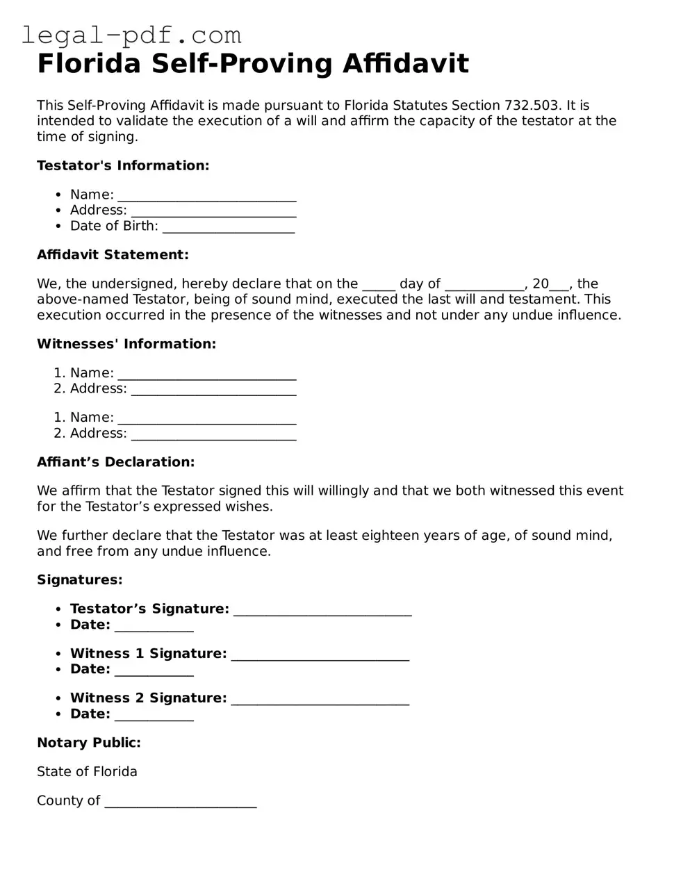 Legal  Self-Proving Affidavit Document for Florida