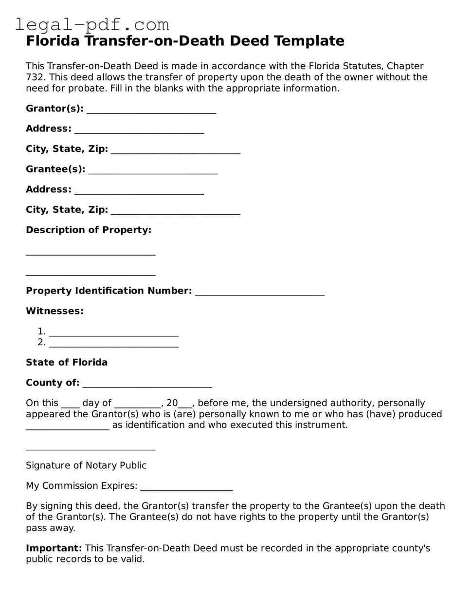 Legal  Transfer-on-Death Deed Document for Florida