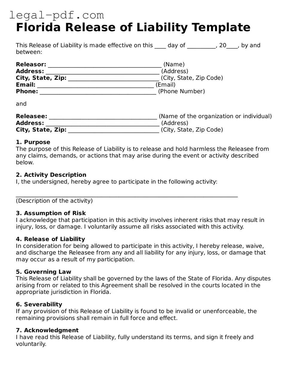 Legal  Release of Liability Document for Florida