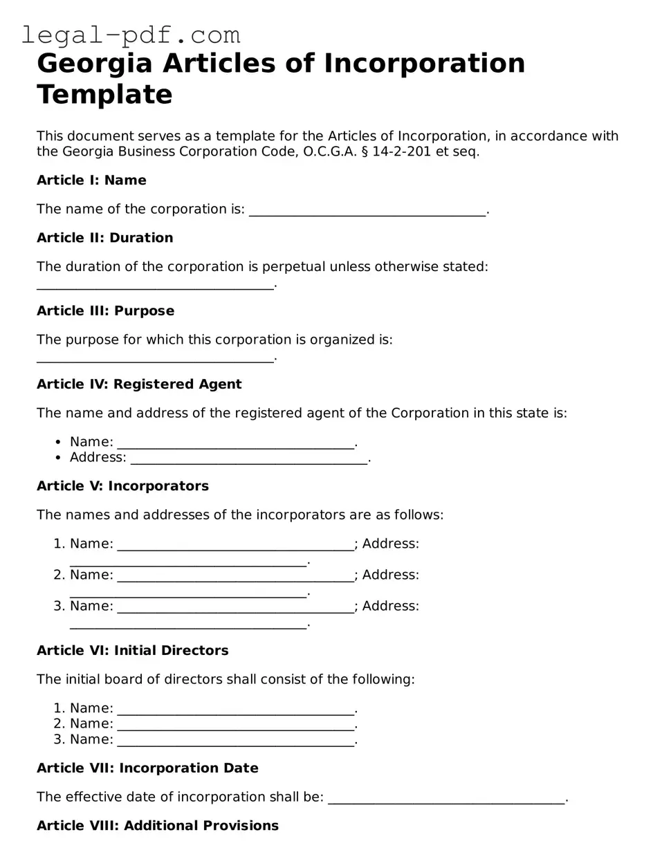 Legal  Articles of Incorporation Document for Georgia