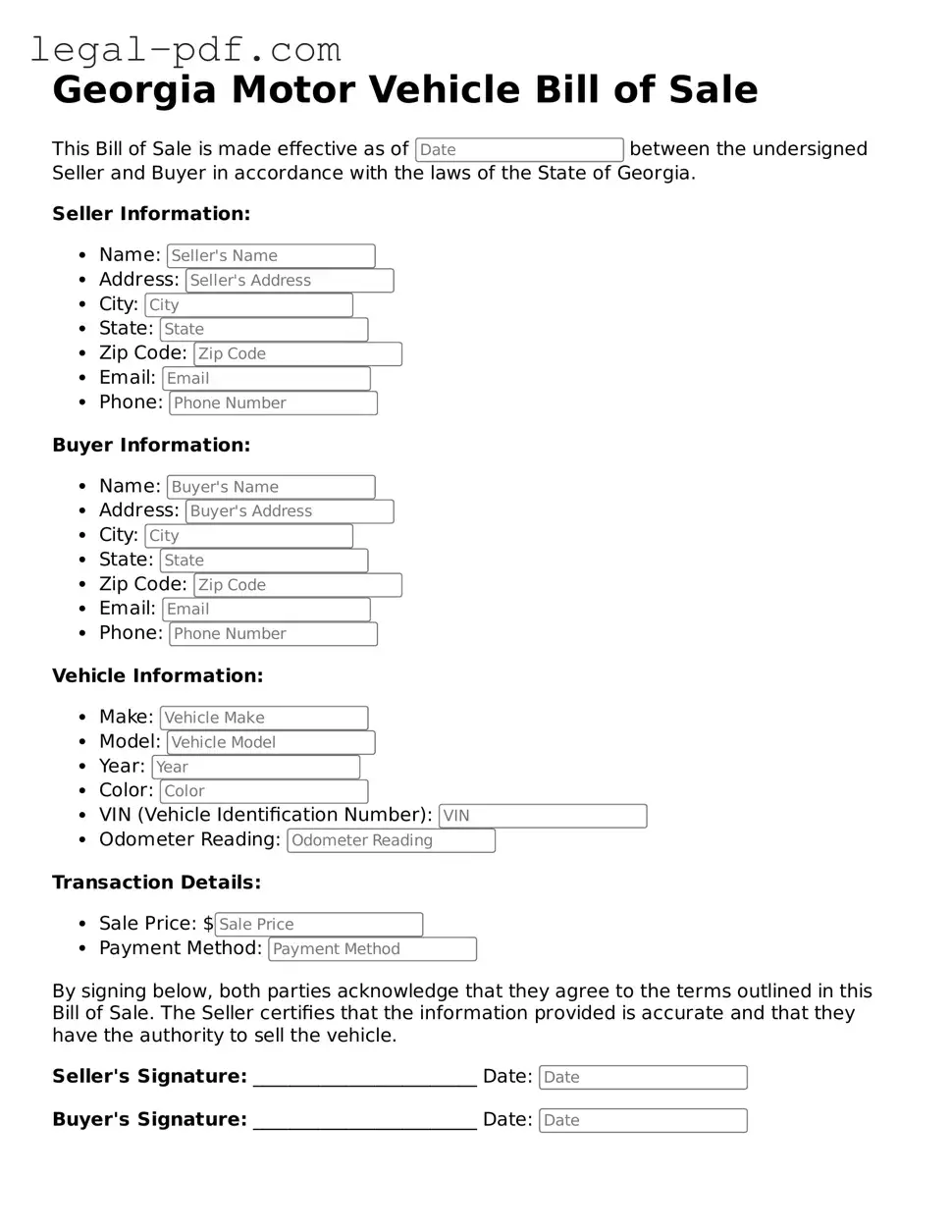 Legal  Motor Vehicle Bill of Sale Document for Georgia