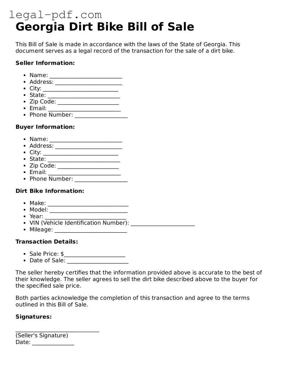 Legal  Dirt Bike Bill of Sale Document for Georgia