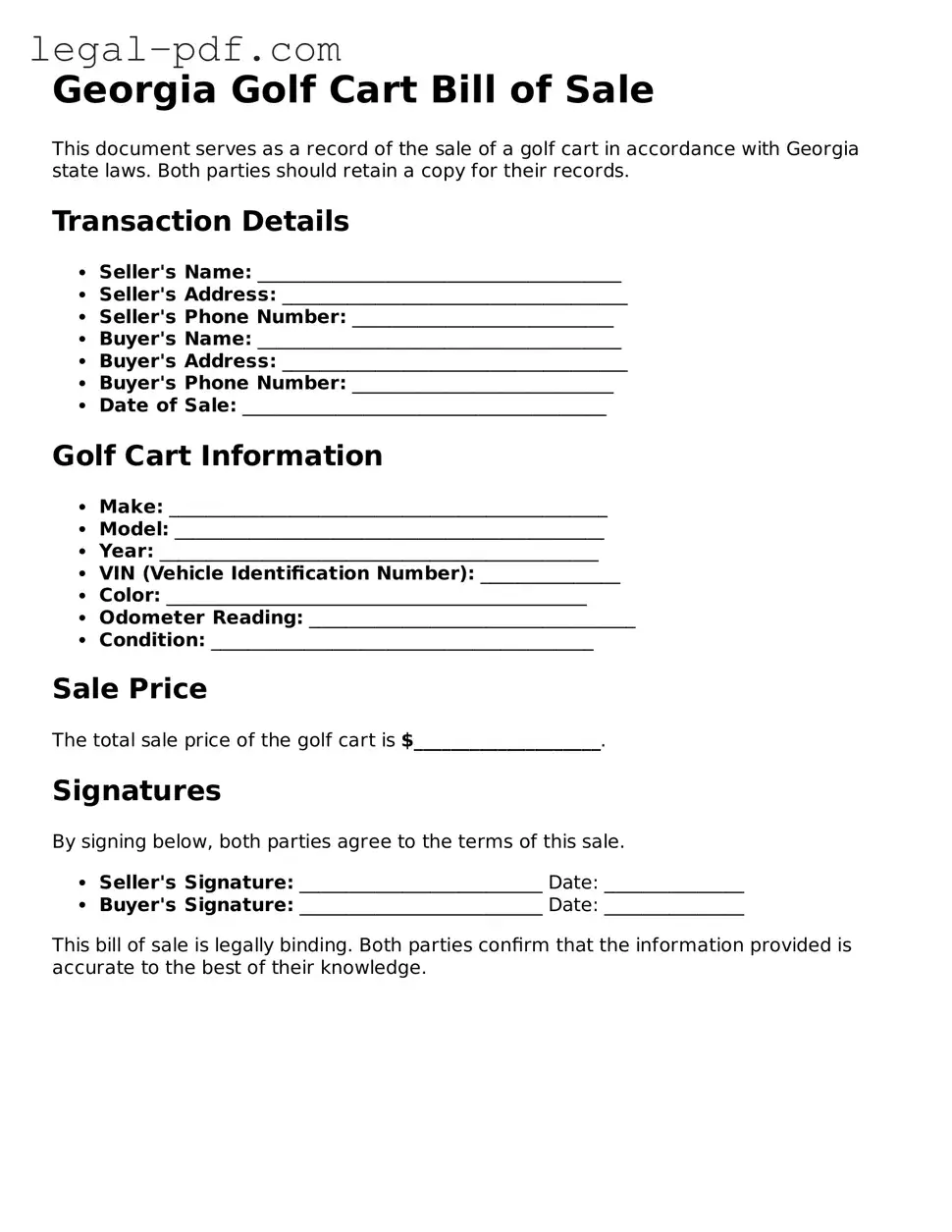 Legal  Golf Cart Bill of Sale Document for Georgia