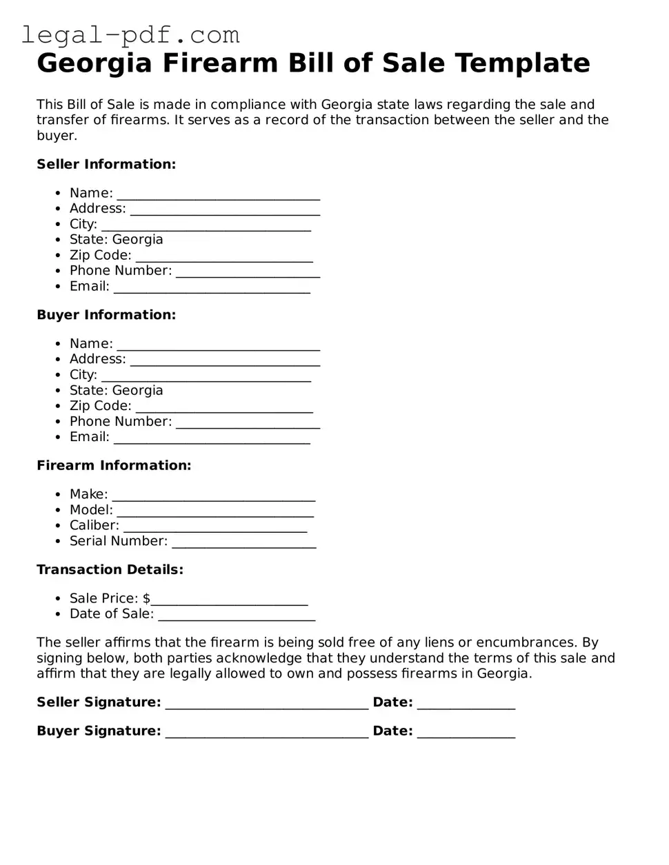 Legal  Firearm Bill of Sale Document for Georgia