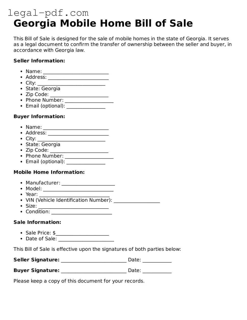 Legal  Mobile Home Bill of Sale Document for Georgia