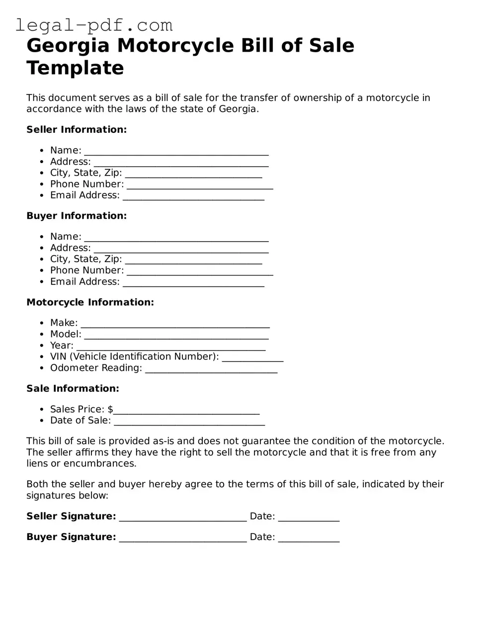 Legal  Motorcycle Bill of Sale Document for Georgia