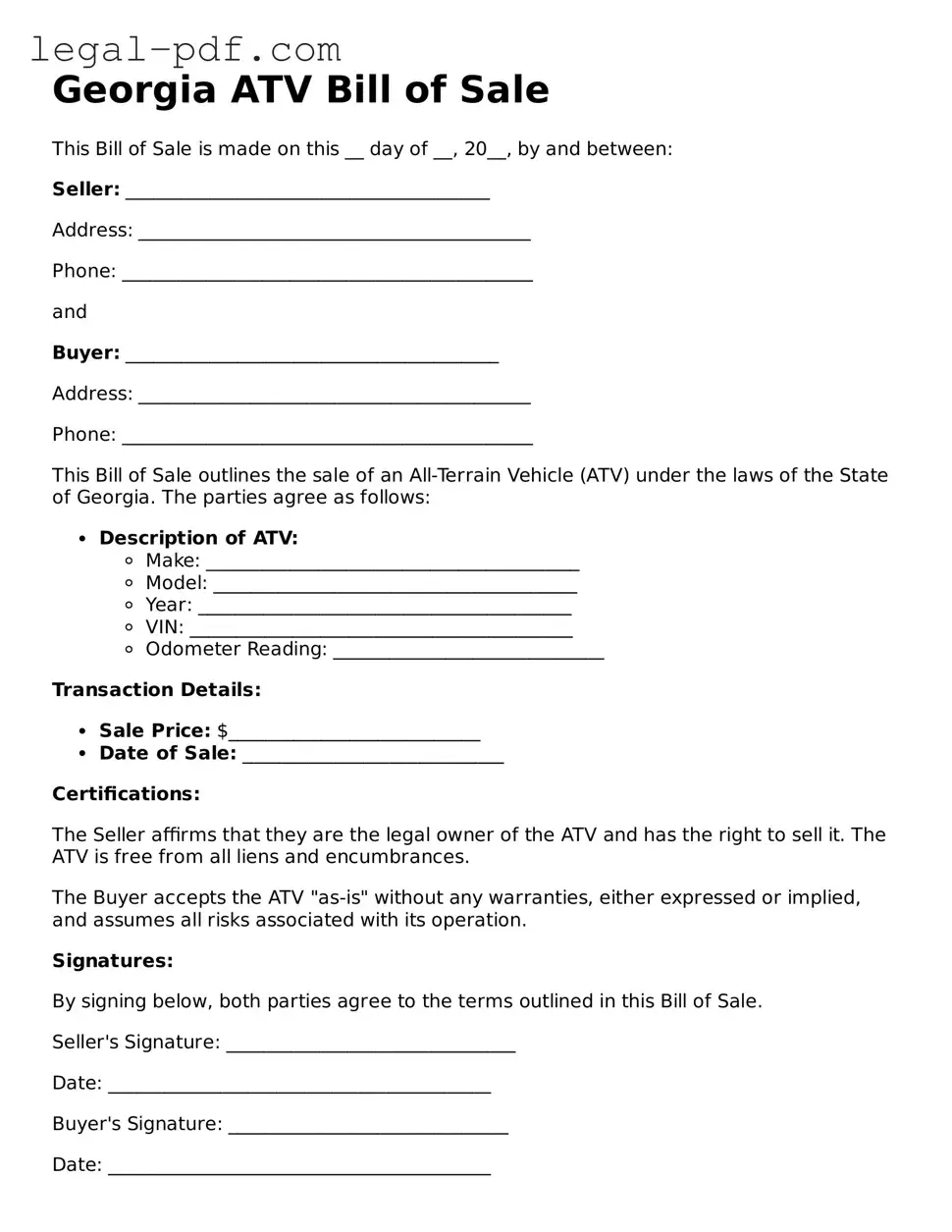 Legal  ATV Bill of Sale Document for Georgia