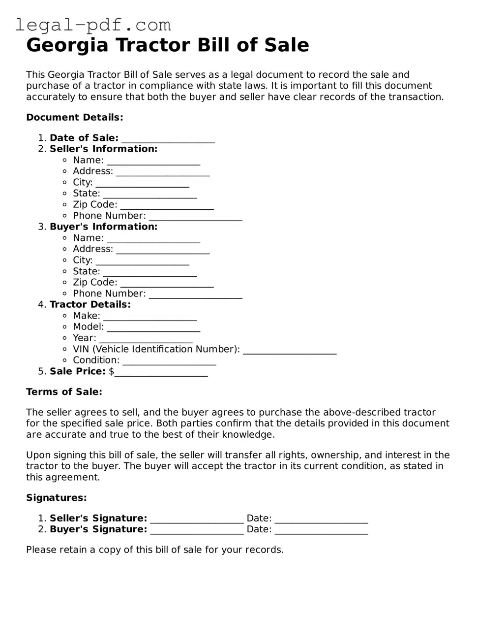Legal  Tractor Bill of Sale Document for Georgia