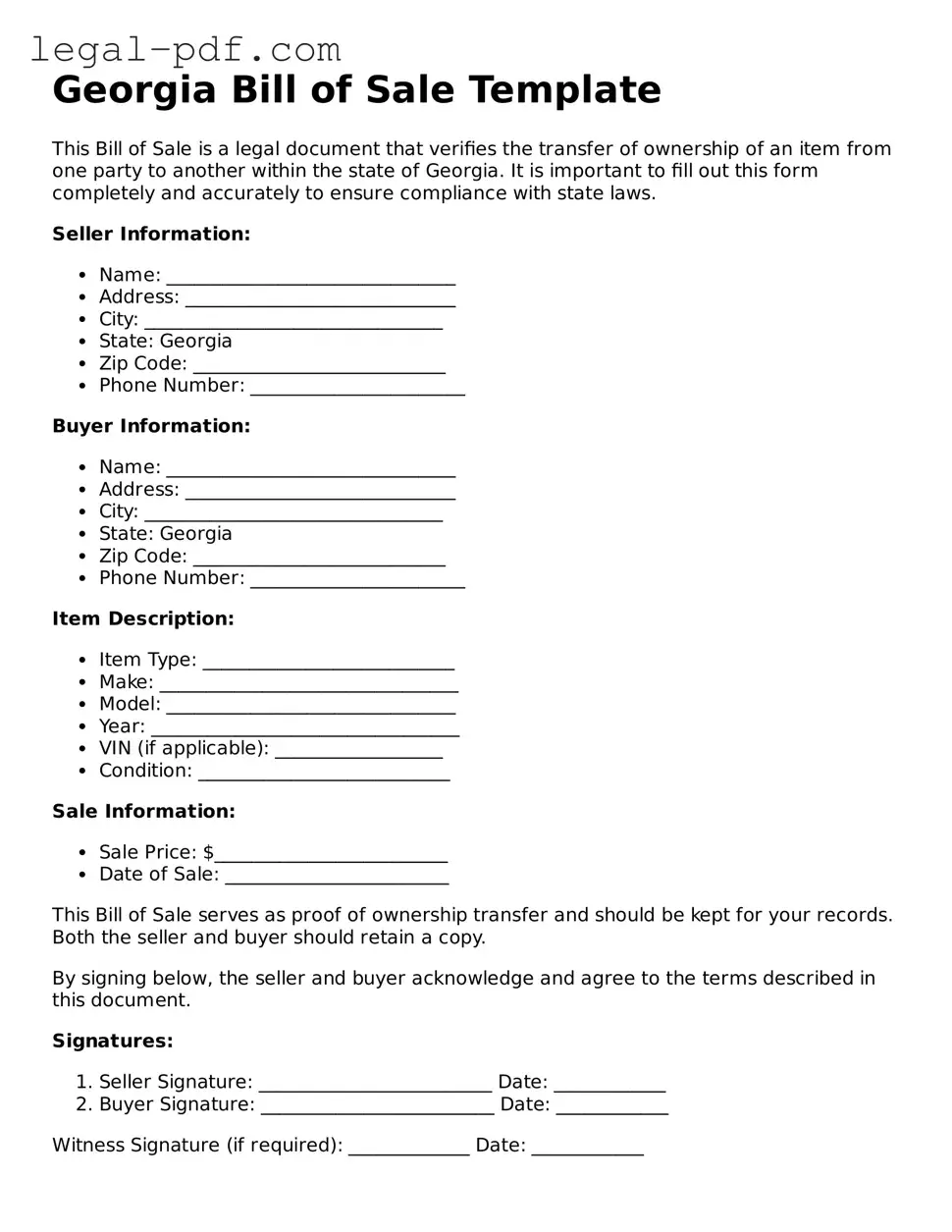 Legal  Bill of Sale Document for Georgia