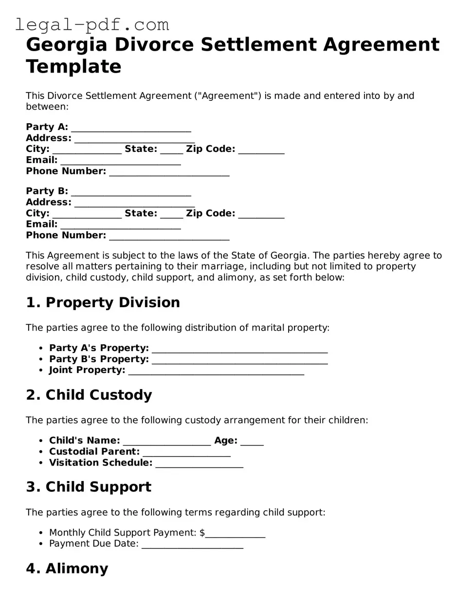 Legal  Divorce Settlement Agreement Document for Georgia