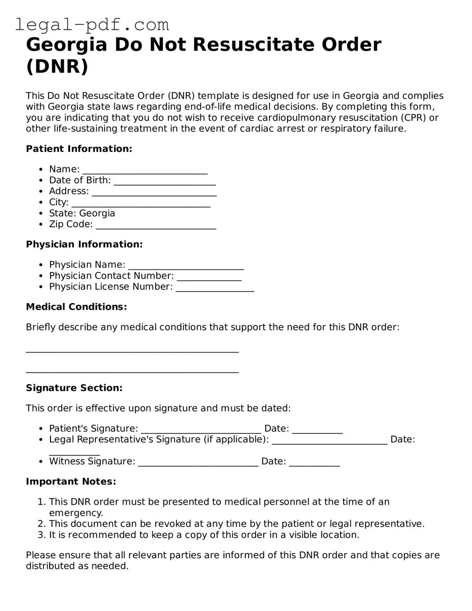Legal  Do Not Resuscitate Order Document for Georgia