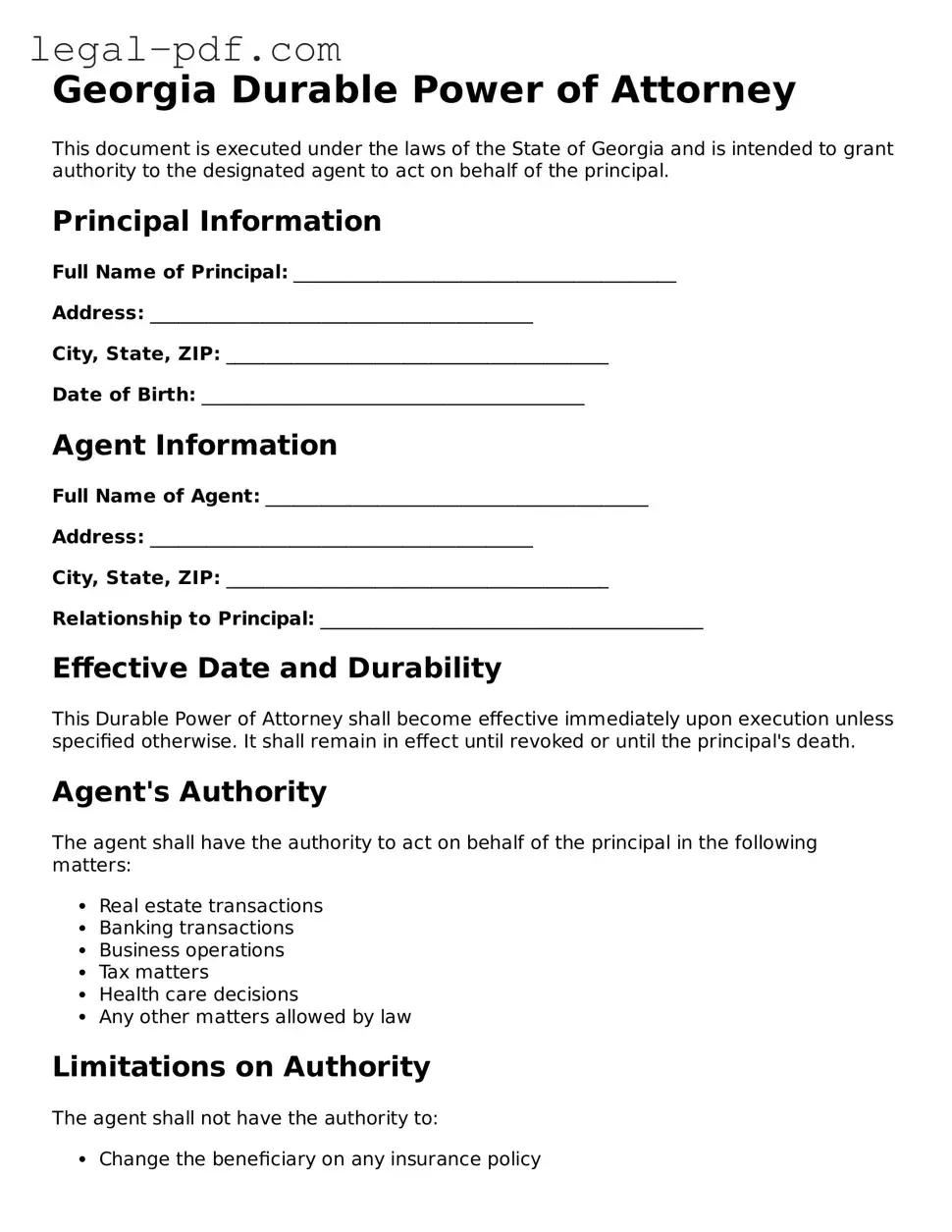 Legal  Durable Power of Attorney Document for Georgia