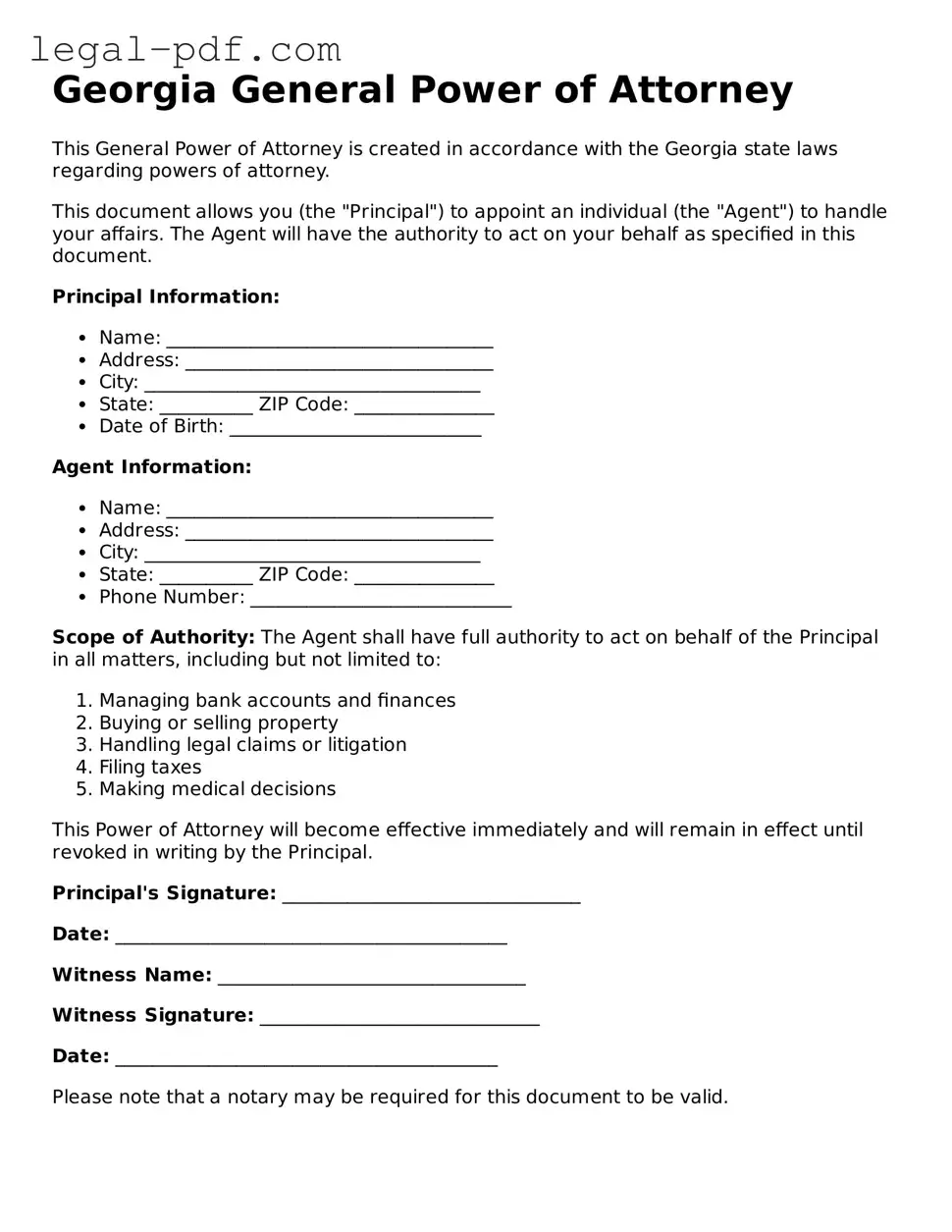 Legal  General Power of Attorney Document for Georgia