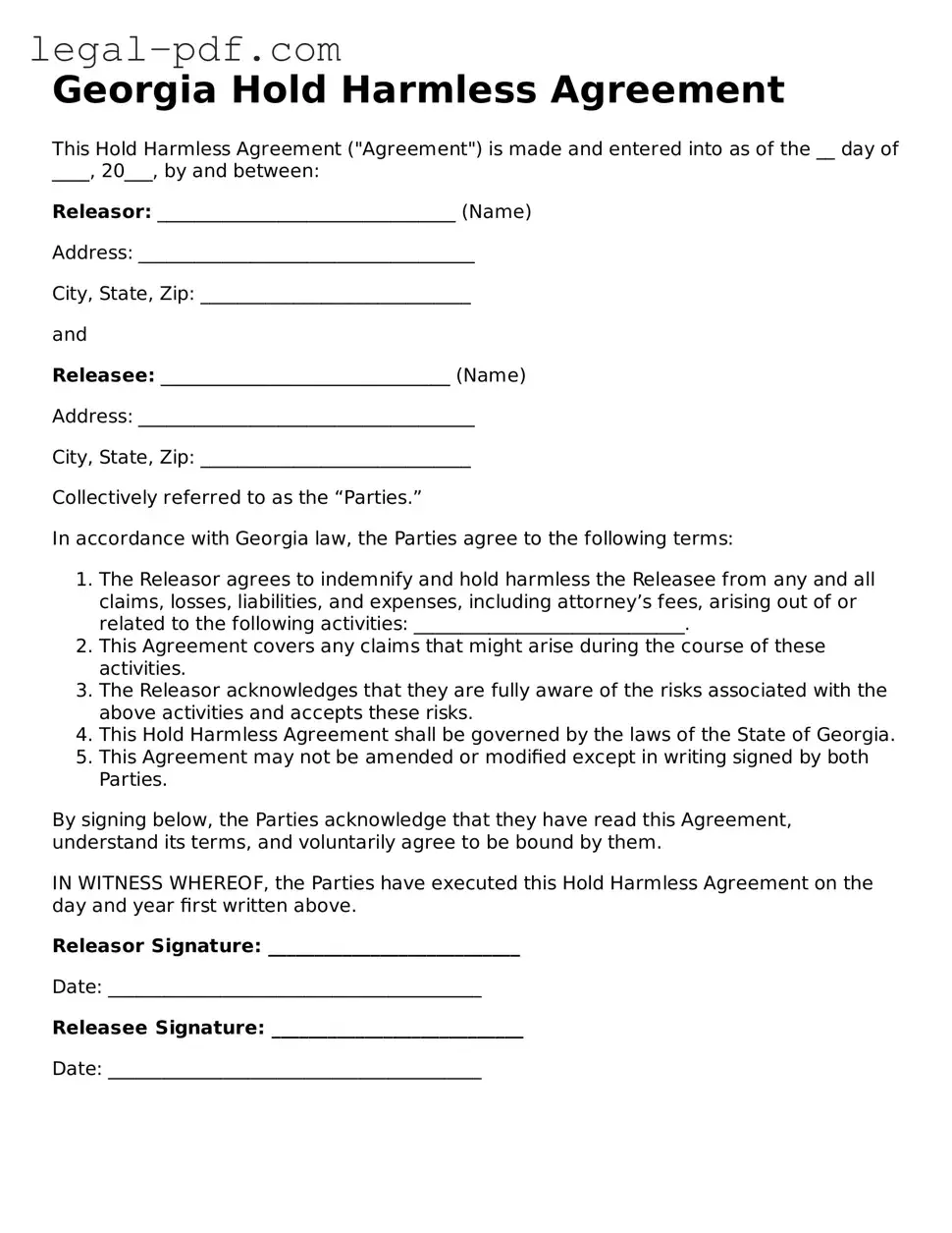 Legal  Hold Harmless Agreement Document for Georgia