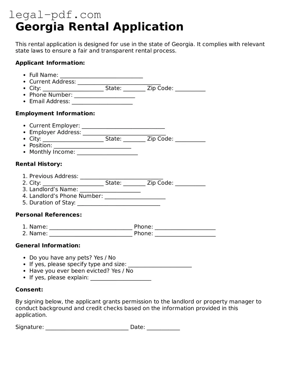 Legal  Rental Application Document for Georgia