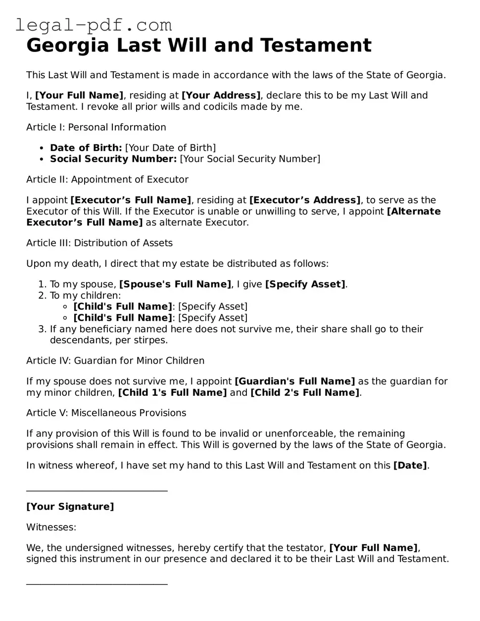 Legal  Last Will and Testament Document for Georgia
