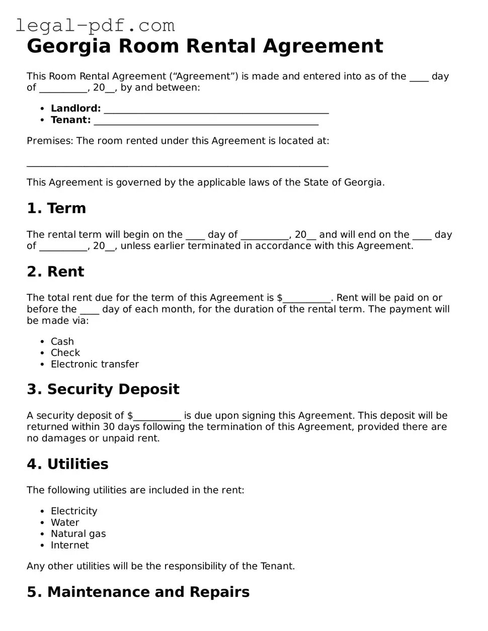 Legal  Room Rental Agreement Document for Georgia