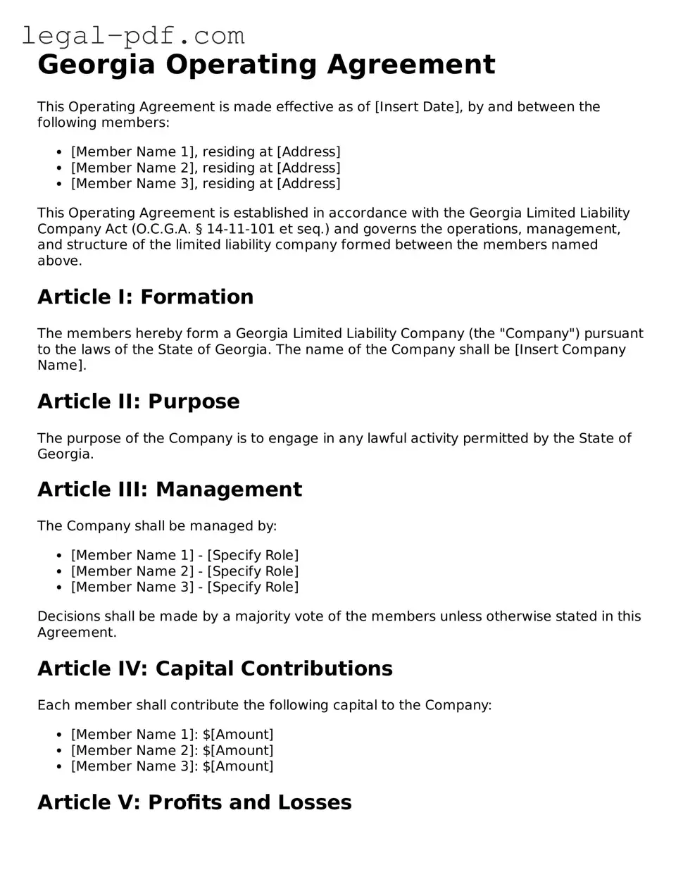 Legal  Operating Agreement Document for Georgia