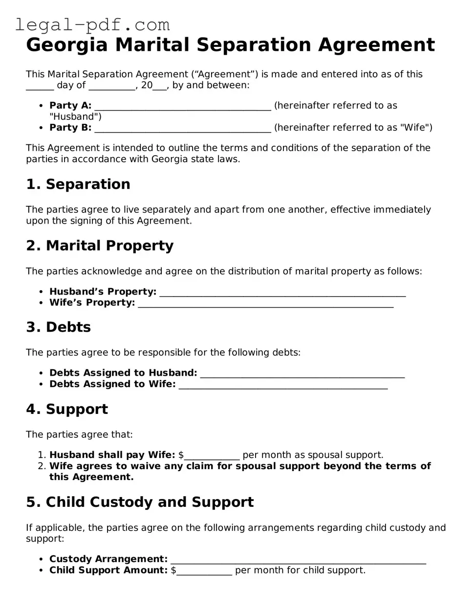 Legal  Marital Separation Agreement Document for Georgia
